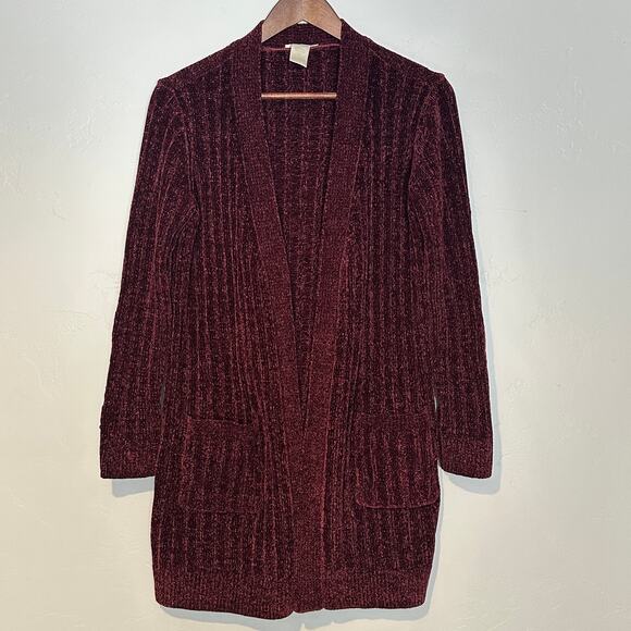 Matty M Sweaters - Matty M Chenille Ribbed Cardigan Sz Small Burgundy Red Boho Lounge Chunky EUC